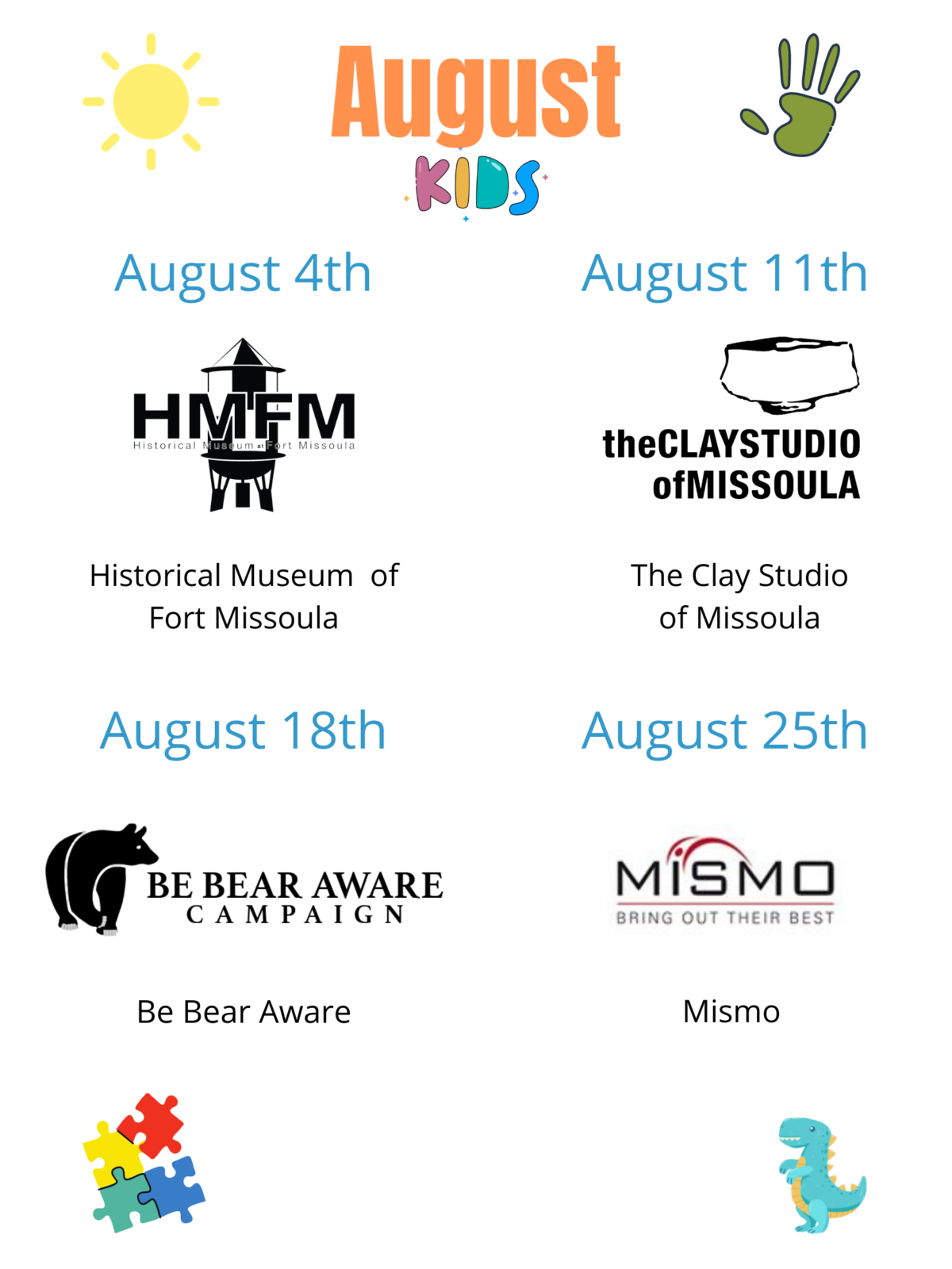 DTTN Kids Activity - August; Historical Museum of Fort Missoula, The Clay Studio of Missoula, Be Bear Aware, Mismo Gymnastics