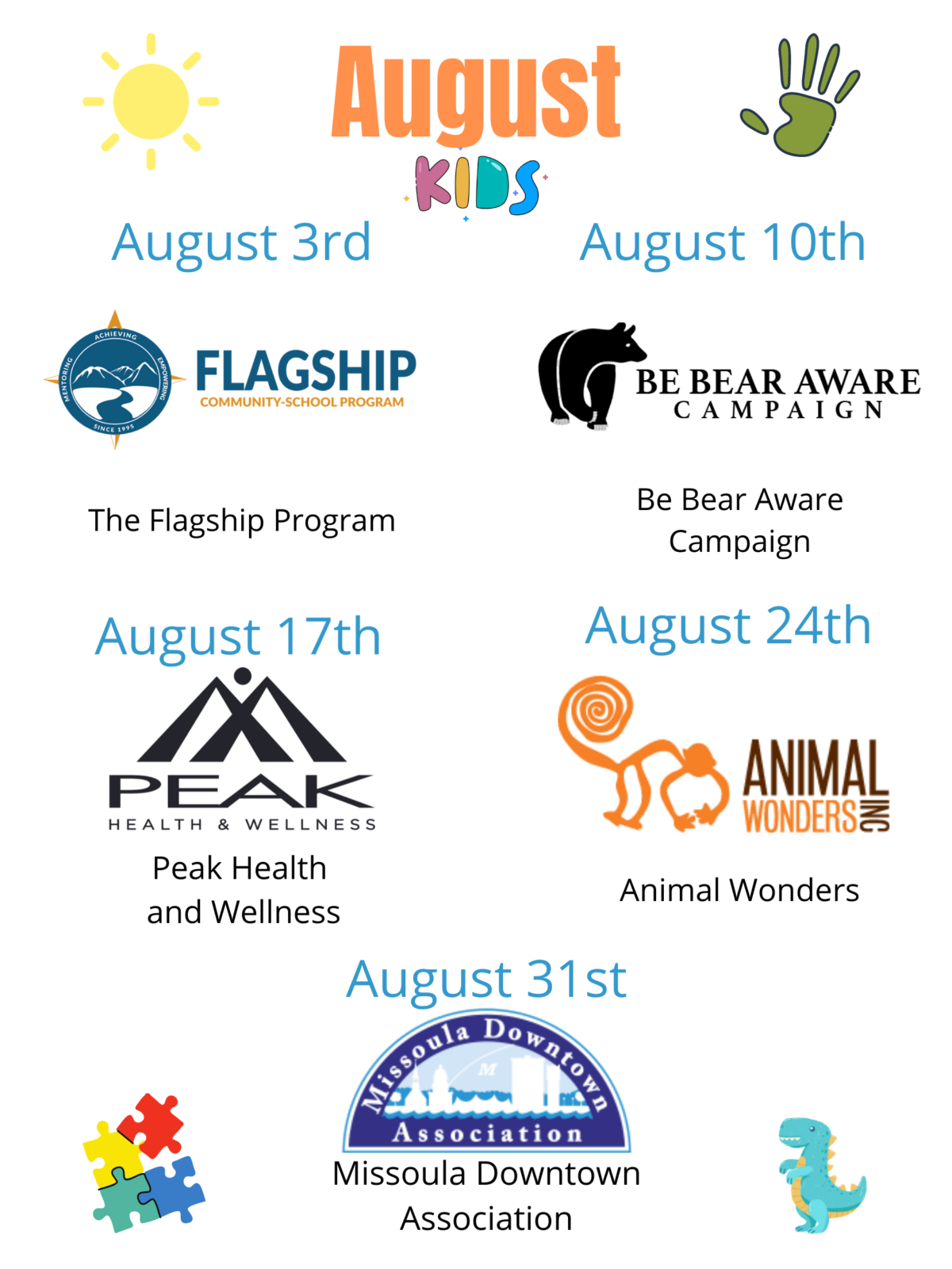 August Out to Lunch Kids Activities; Flagship Program, Be Bear Aware, Peak Health, Animal Wonders, Missoula Downtown Association