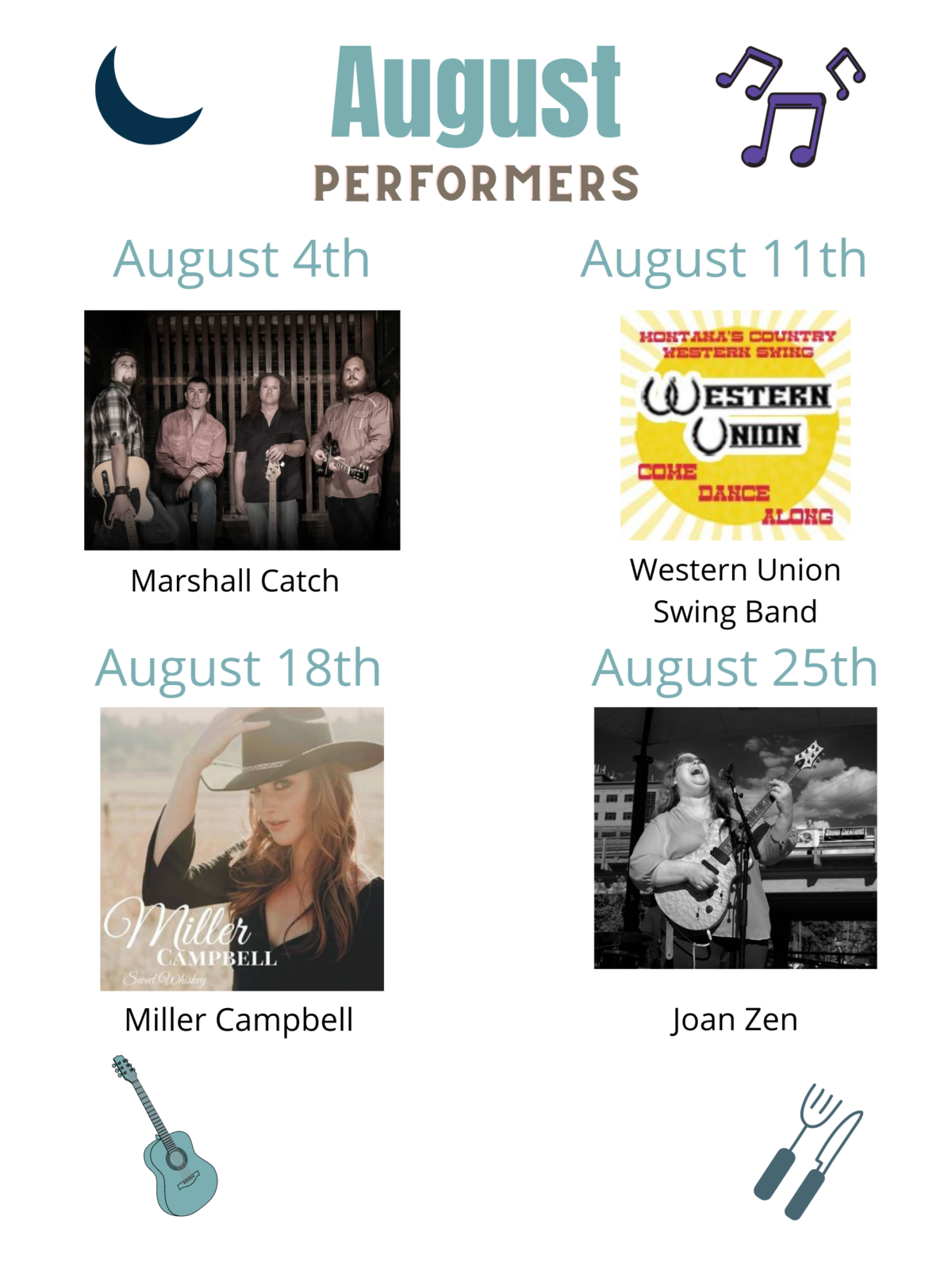 Downtown ToNight August Performers; Marshall Catch, Western Union Swing Band, Miller Campbell, Joan Zen
