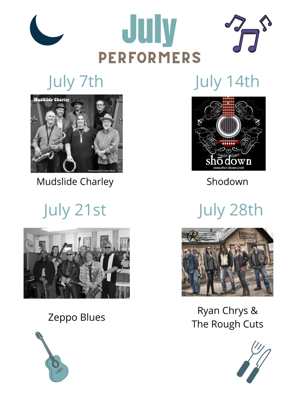 Downtown ToNight July Performers; Mudslide Charley, Shodown, Zeppo Blues, Ryan Chrys