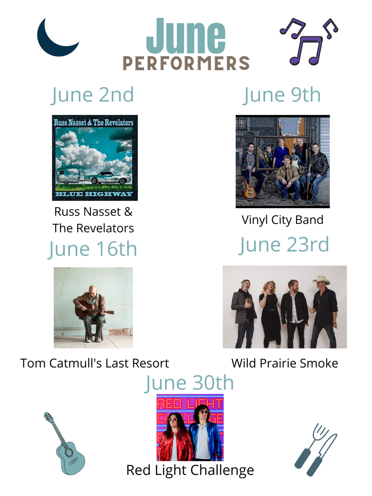 Downtown ToNight June Performers; Tom Catmull, Vinyl City Band, Ryan Nasset, Red Light Challenge, Wild Prairie Smoke