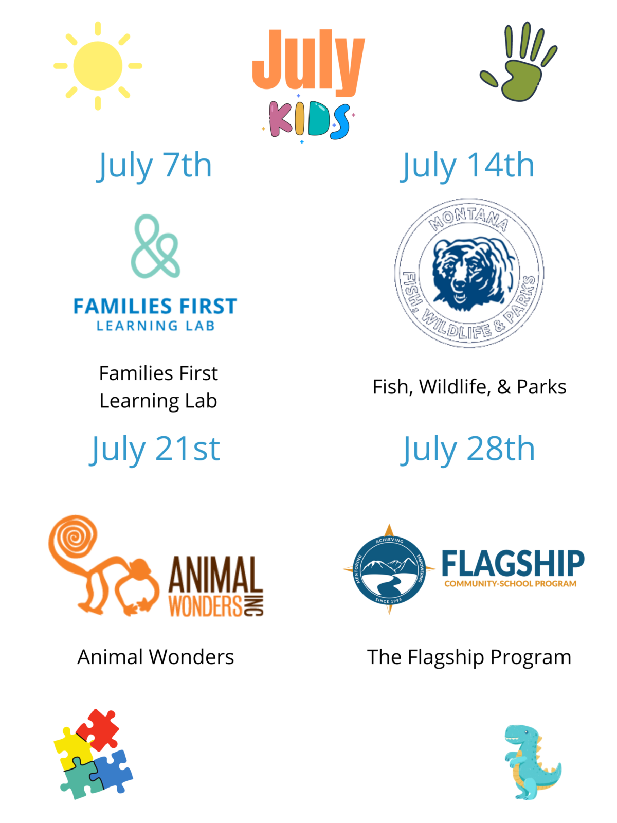 DTTN Kids Activity - July; Families First Learning Lab, Fish Wildlife and Parks, Animal Wonders, The Flagship Program