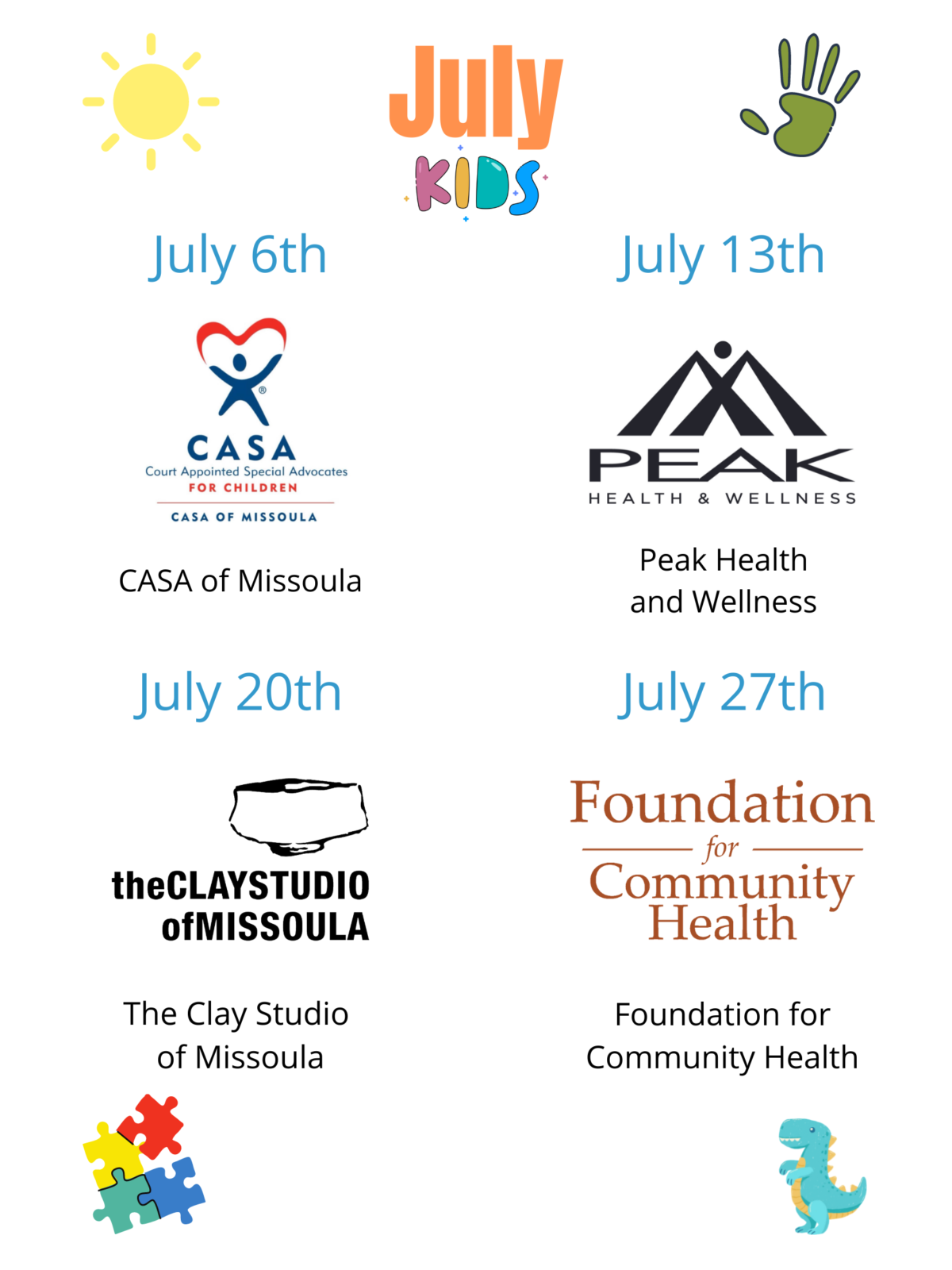 July Out to Lunch Kids Activities; CASA, Peak Health, Clay Studio, Foundation for Community Health