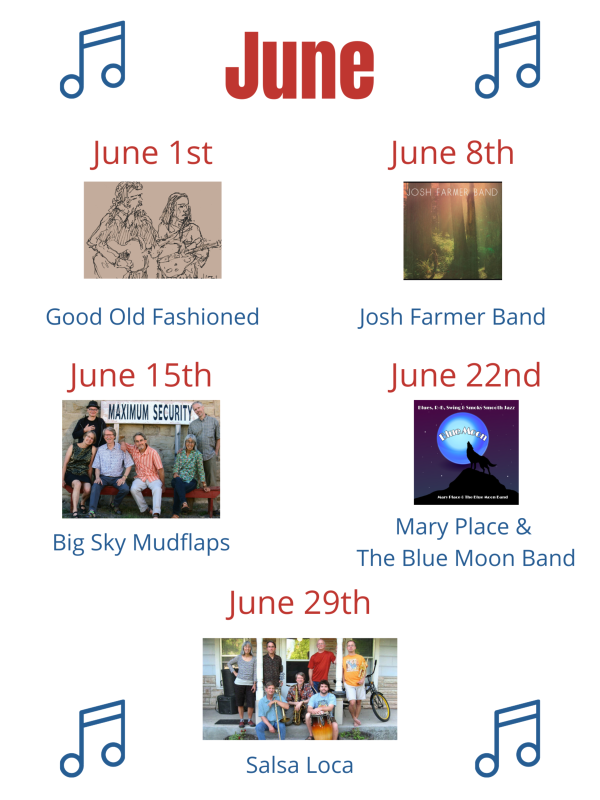 June Out to Lunch Performers; Good Old Fashioned, Josh Farmer Band, Big Sky Mudflaps, Mary Place & The Blue Moon Band, Salsa Loca